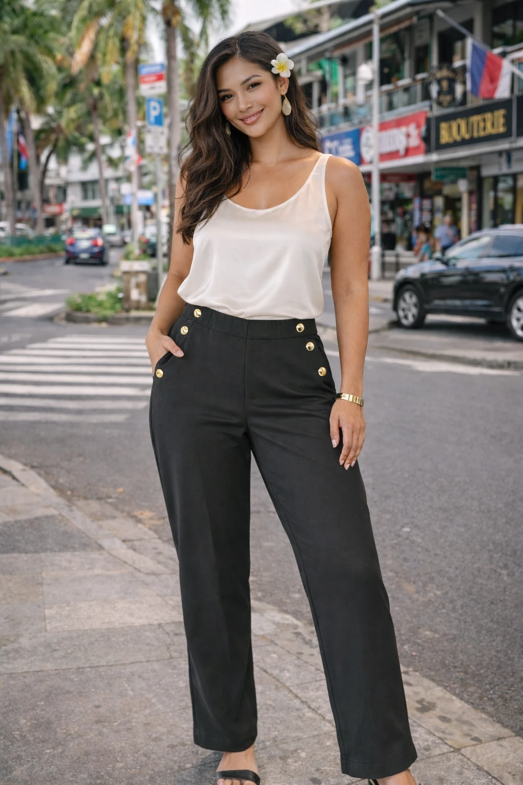 Pantalon femme noir taille haute – Boutons dorés – Image 2