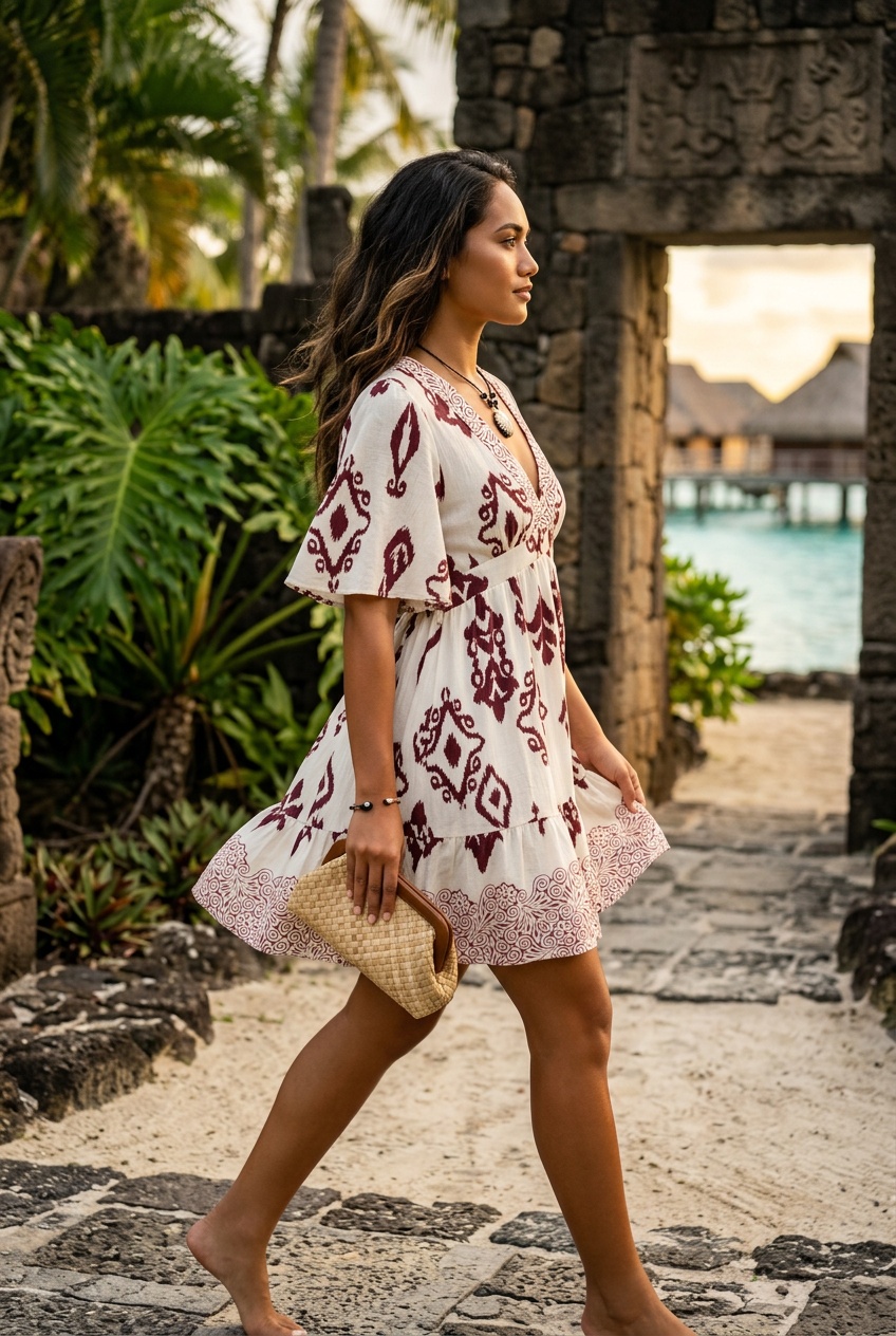 Robe Courte "Marron" à Motifs Ikat & Arabesques – Image 3